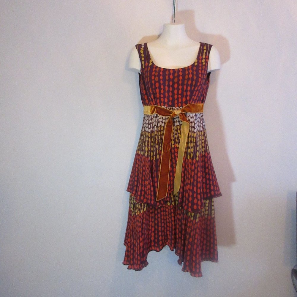 Anna Sui Anthropologie Silk Boho brown Lined ziped Dress sz 6 Made in US